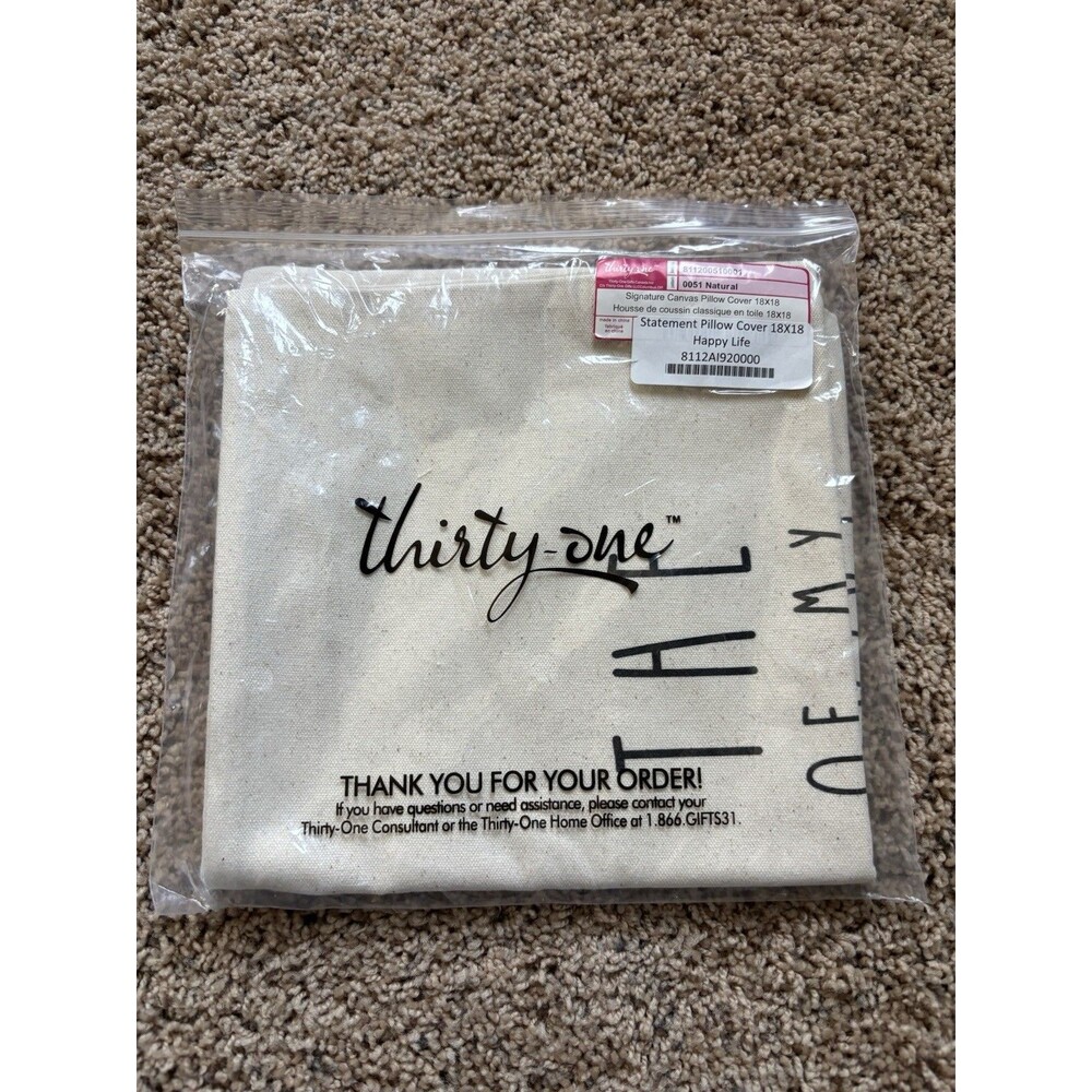 New Thirty-One Statement Canvas Pillow Cover 18” x 18” Happy Life